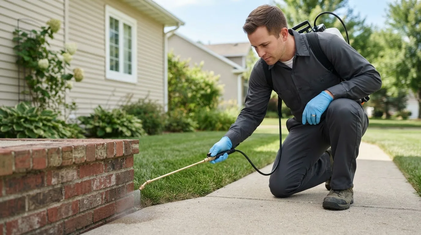 Pest control technician treating a home near Flora, IN