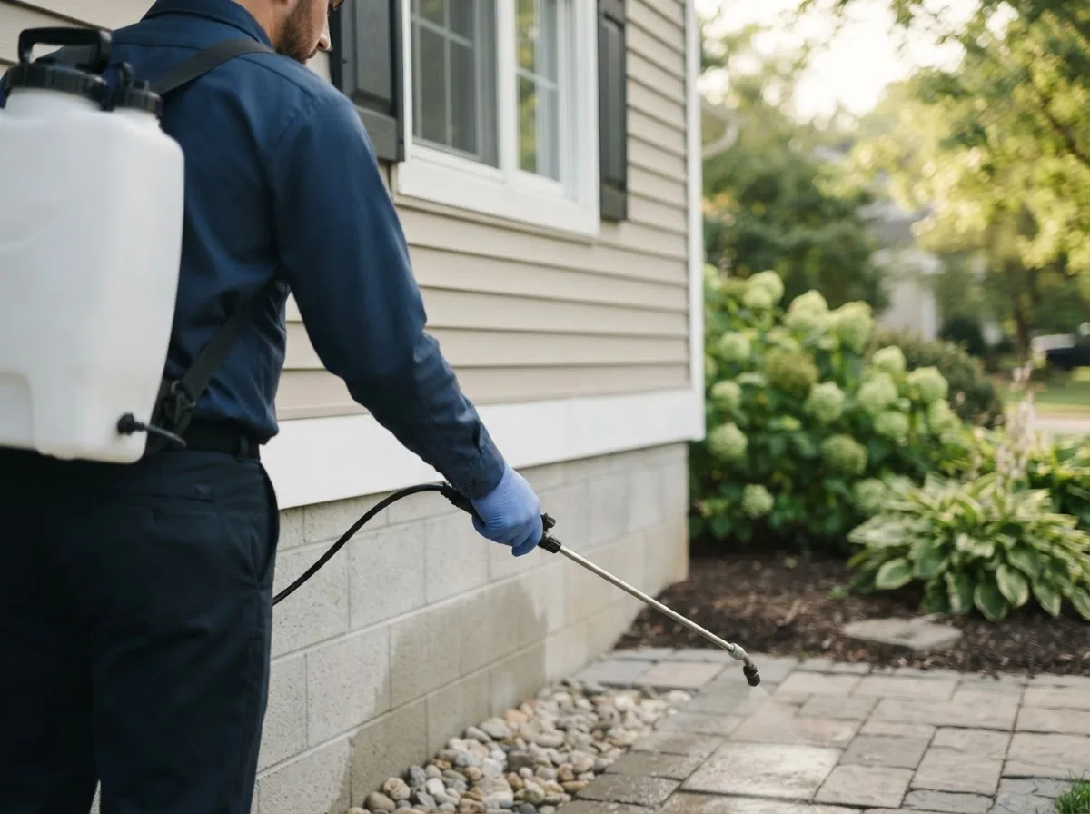 Pest control technician inspecting a home in Flora, IN